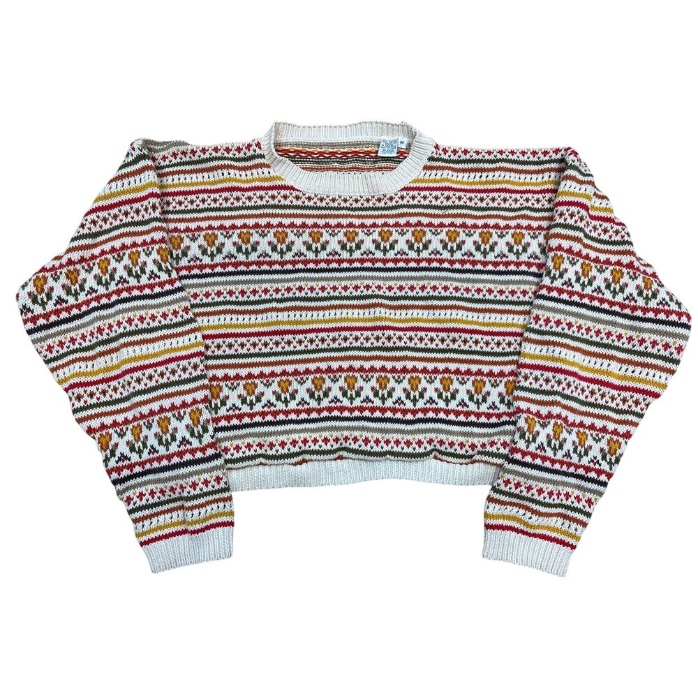 Vtg knit cropped sweater geometric striped floral tulip pattern multicolor Med